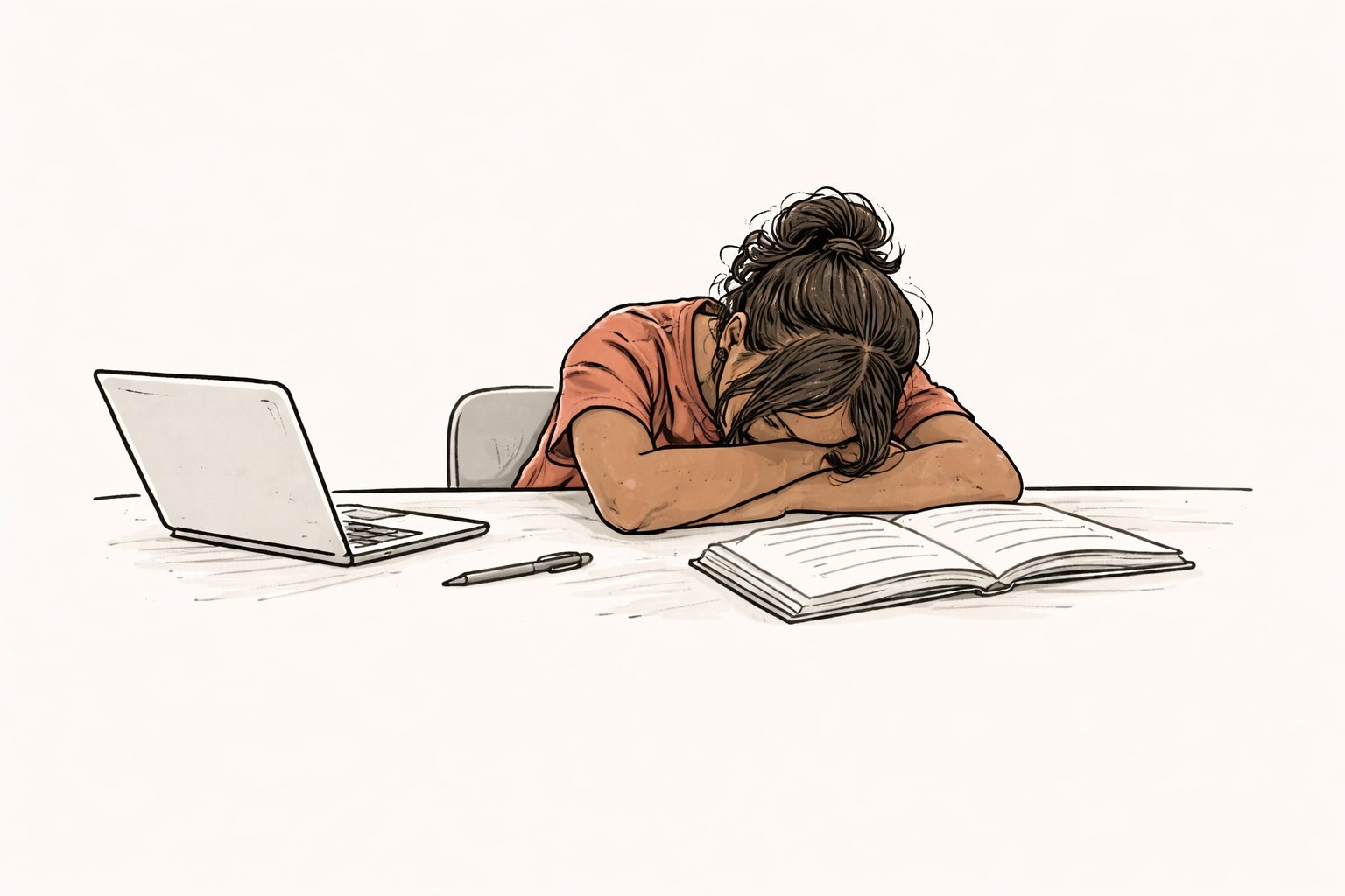 Student exhausted at a desk with schoolwork