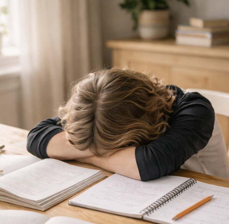 A child with their head down on schoolwork, depleted