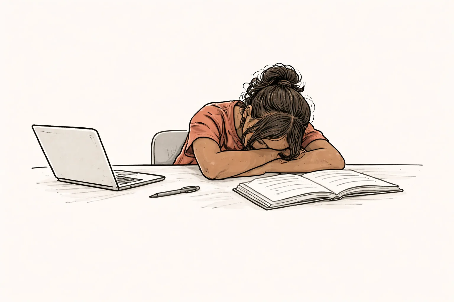 Student overwhelmed at a desk with a laptop and open book