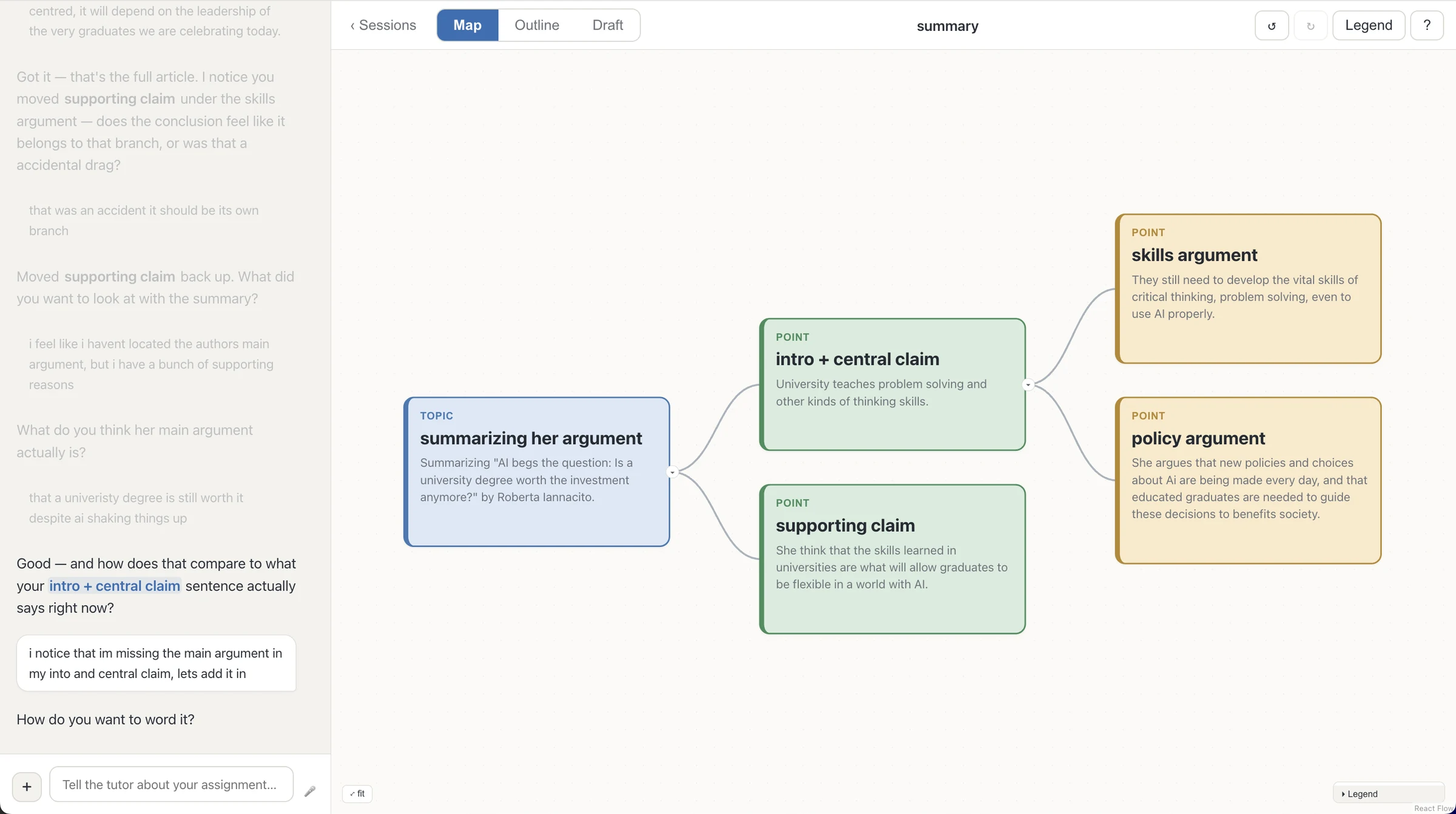 The tutor's conversation on the left, the student's points arranged as a branching map on the right