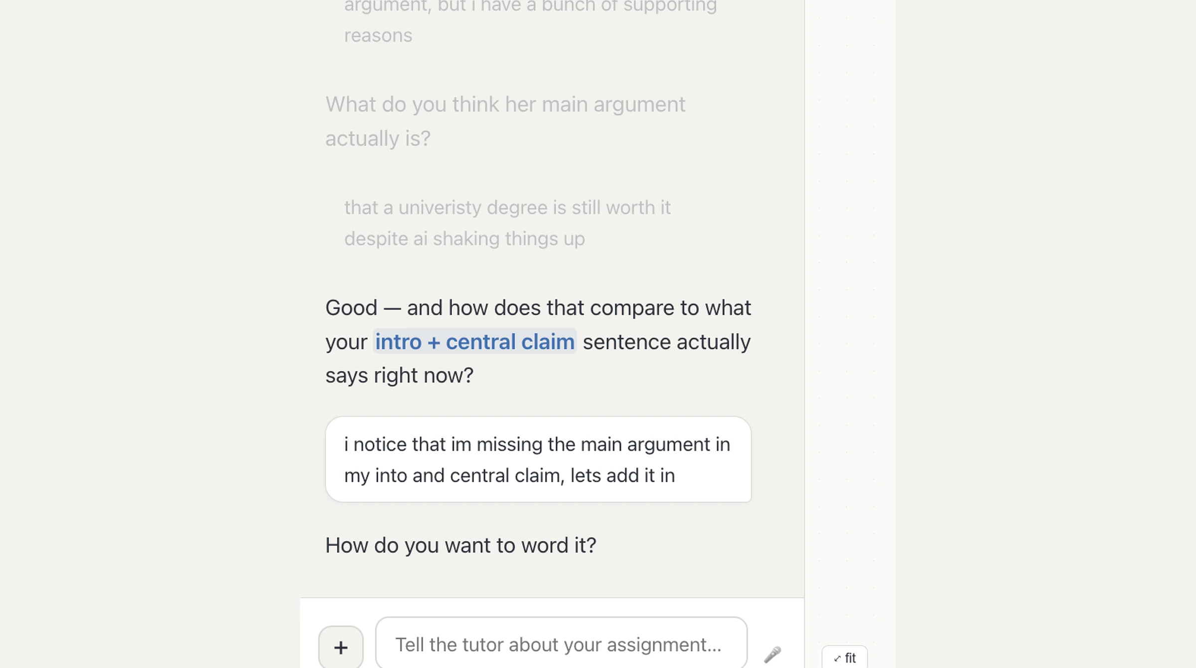 The tutor asking how the student's opening sentence compares with the argument, and the student noticing the gap